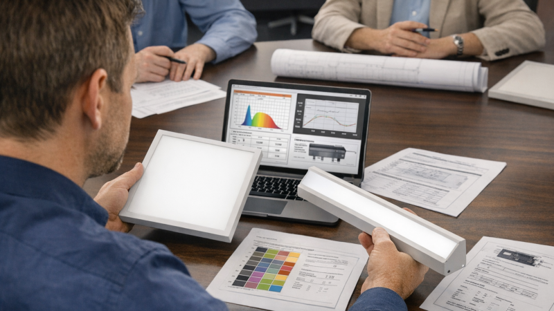 Commercial lighting buyer comparing panel and linear fixture samples while checking glare control color quality and driver data in a project meeting